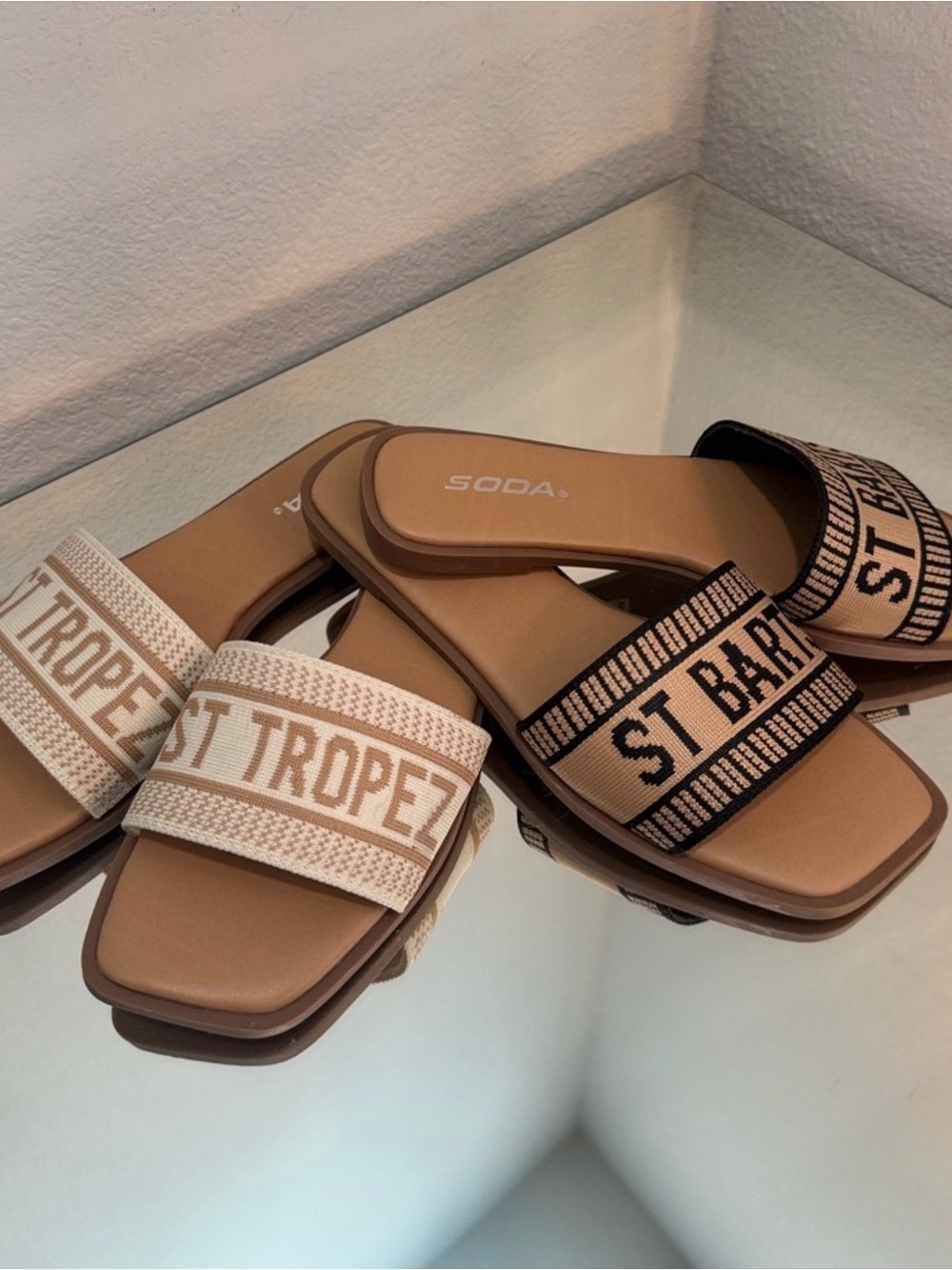 Soda St. Tropez & St. Barths Dual-Striped Slide Sandals in Tan, Black